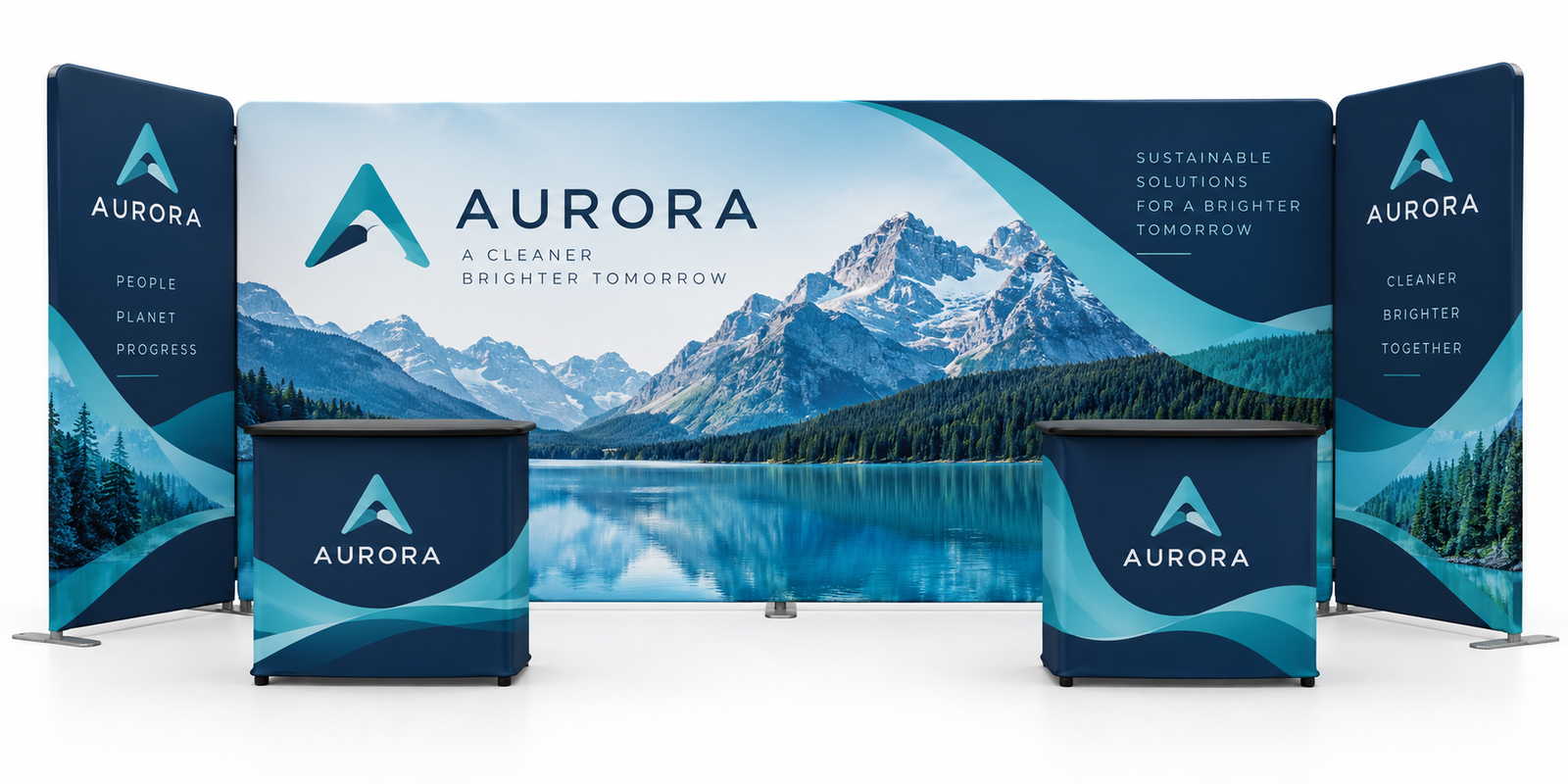 20ft Inline Trade Show Booth - Backwall Display with Dual Counters & Side Panels