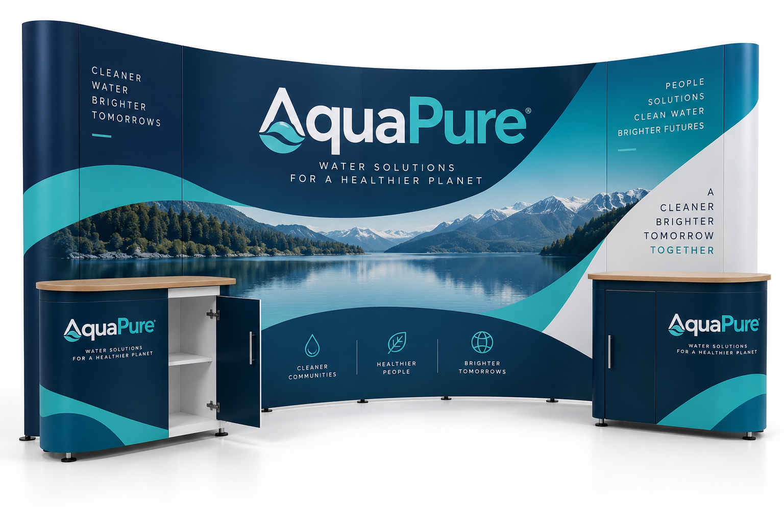 20ft Inline Trade Show Booth – Curved Backwall with Dual Counters