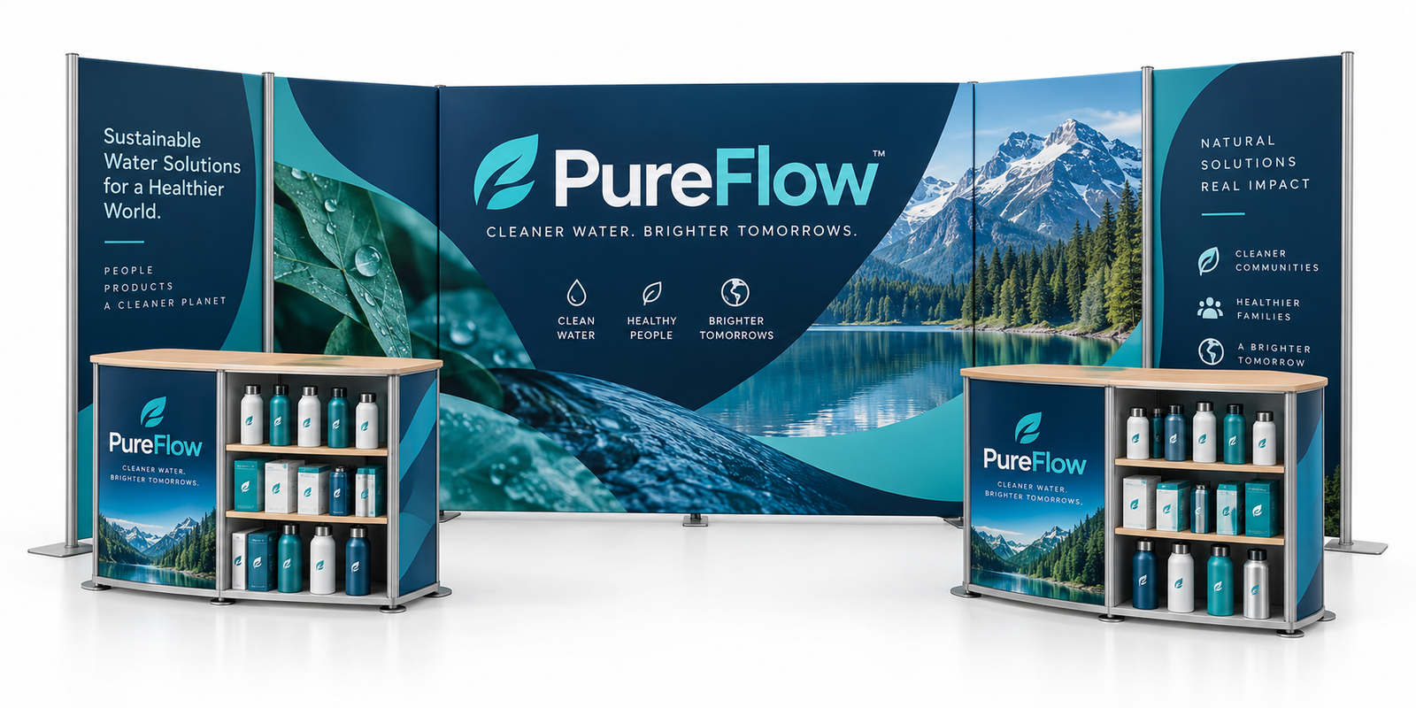 20ft Inline Trade Show Booth – Full Graphic Wall Setup with Product Display Counters