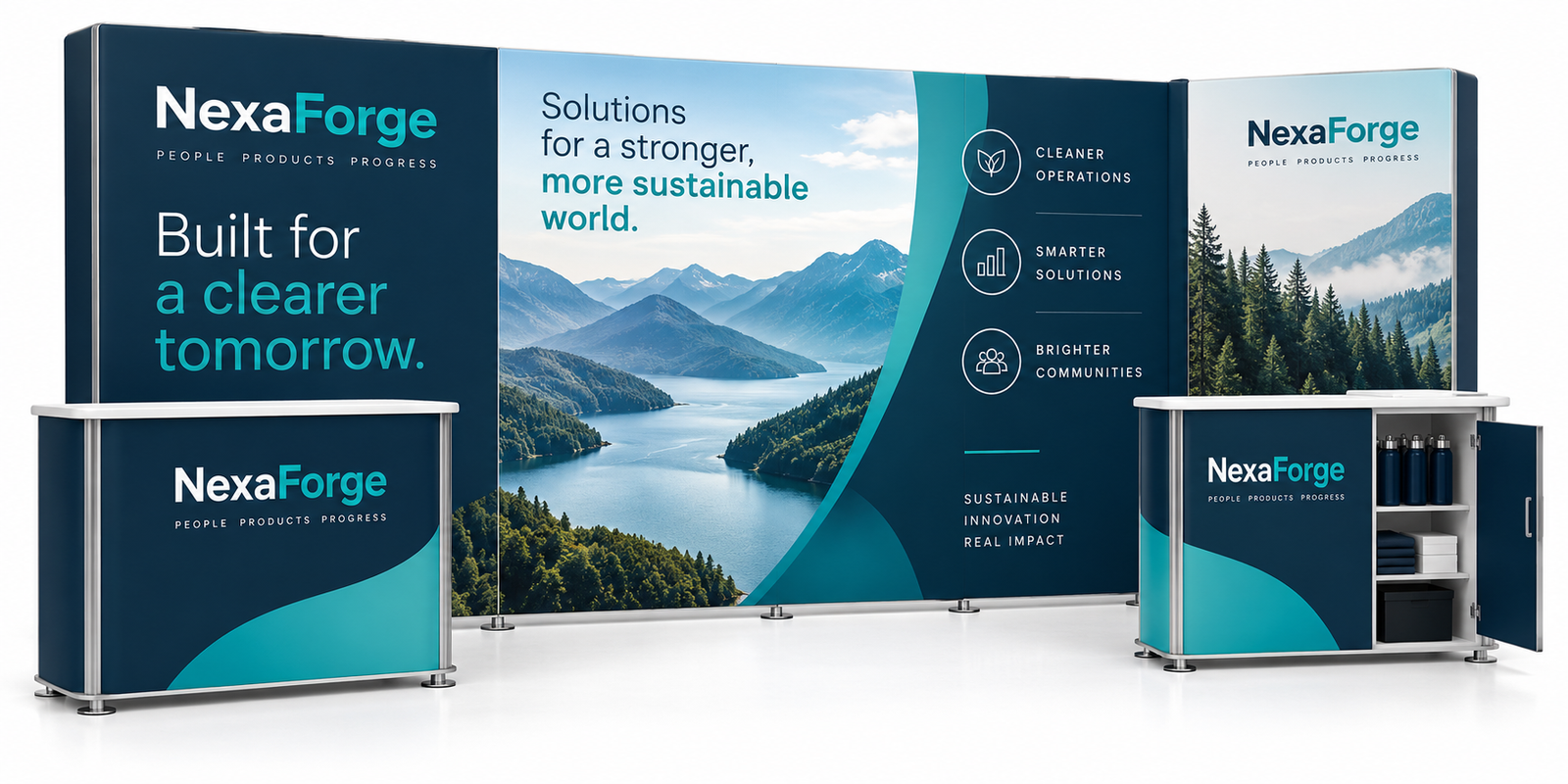 20ft Inline Trade Show Booth - Modular Backwall Display with Dual Counters & Storage
