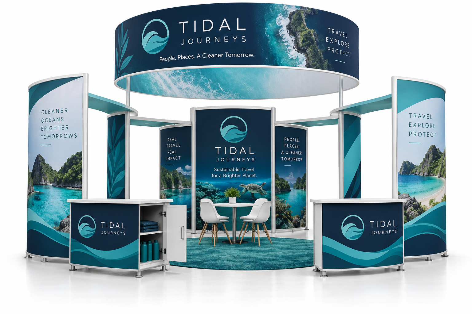 20ft Island Trade Show Booth – 360° Display with Overhead Banner & Counters