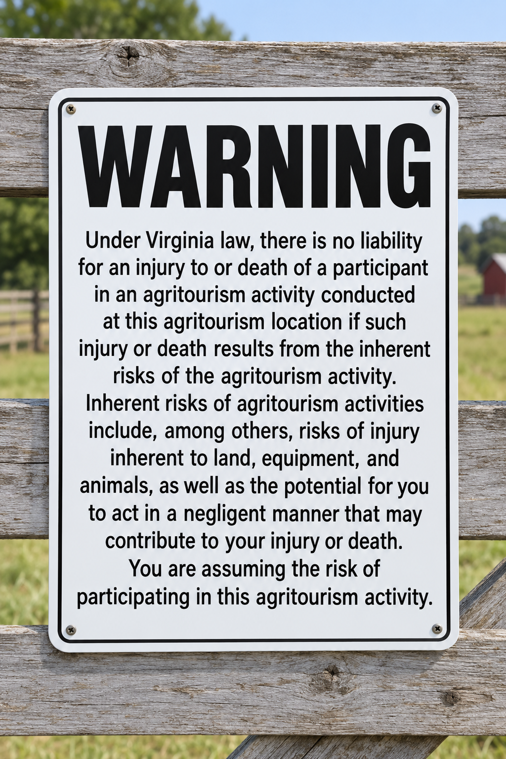 Virginia Agritourism There Is No Liability For An Injury Or Death Aluminum Sign (Non Reflective)