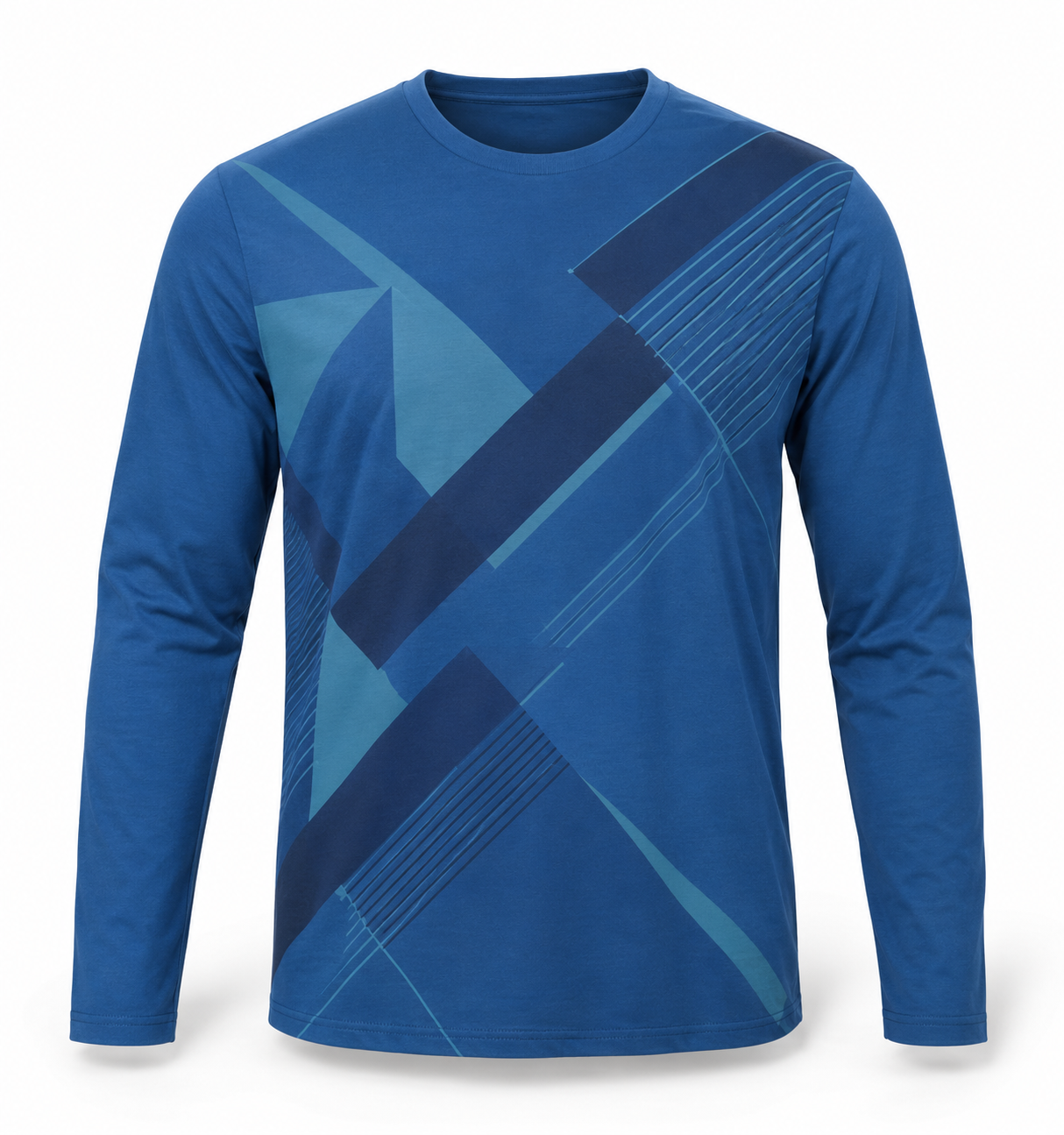 Men's Blue Printed Long Sleeves T-Shirt - Crew Neck