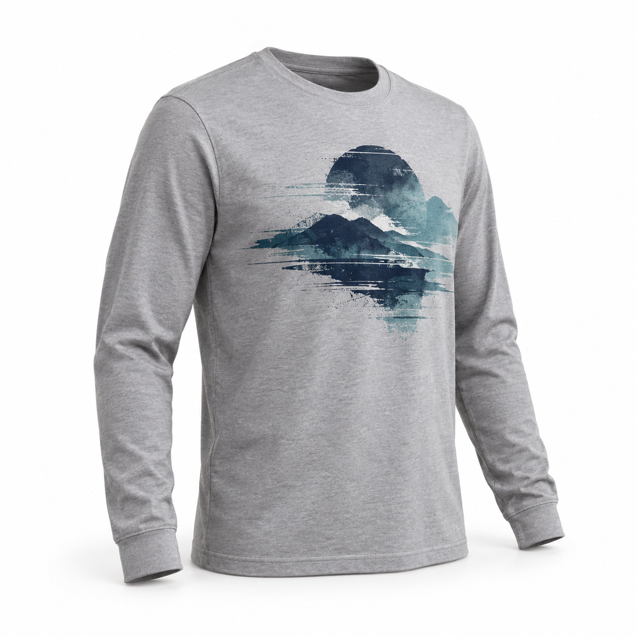 Custom Grey Printed Long Sleeves T-Shirt - Crew Neck
