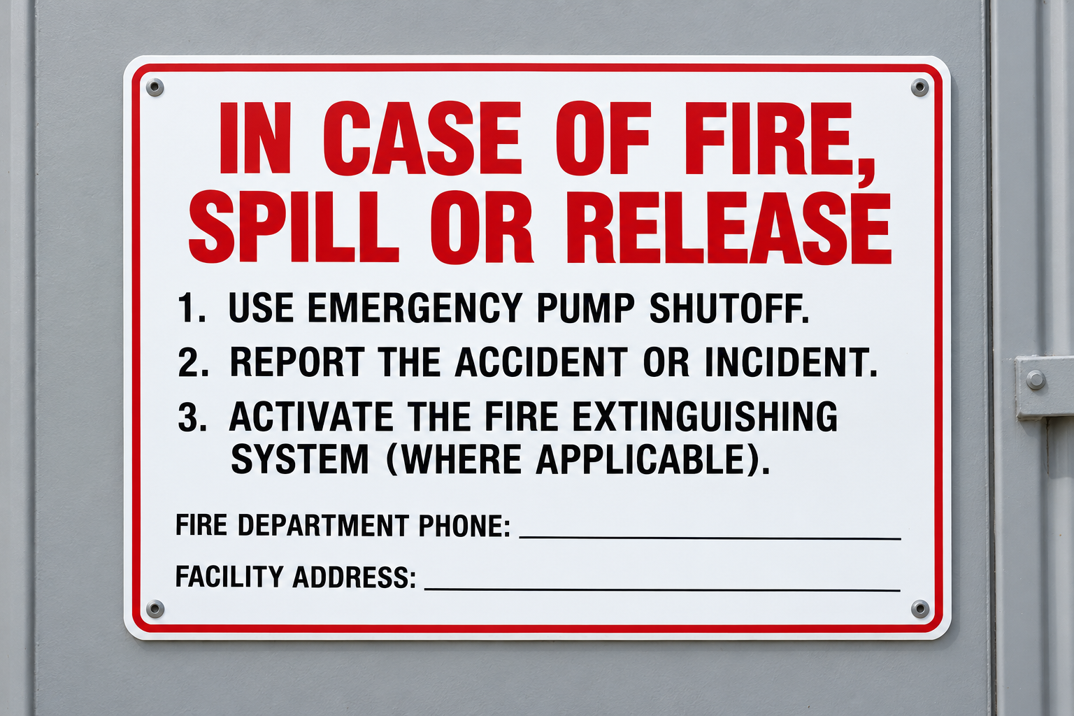 In Case Of Fire Spill Or Release Aluminum Sign (Non Reflective)