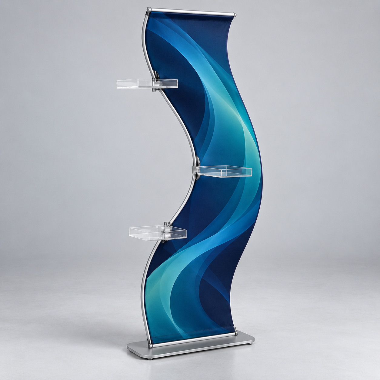 S Shaped Banner Stand with Display Shelves