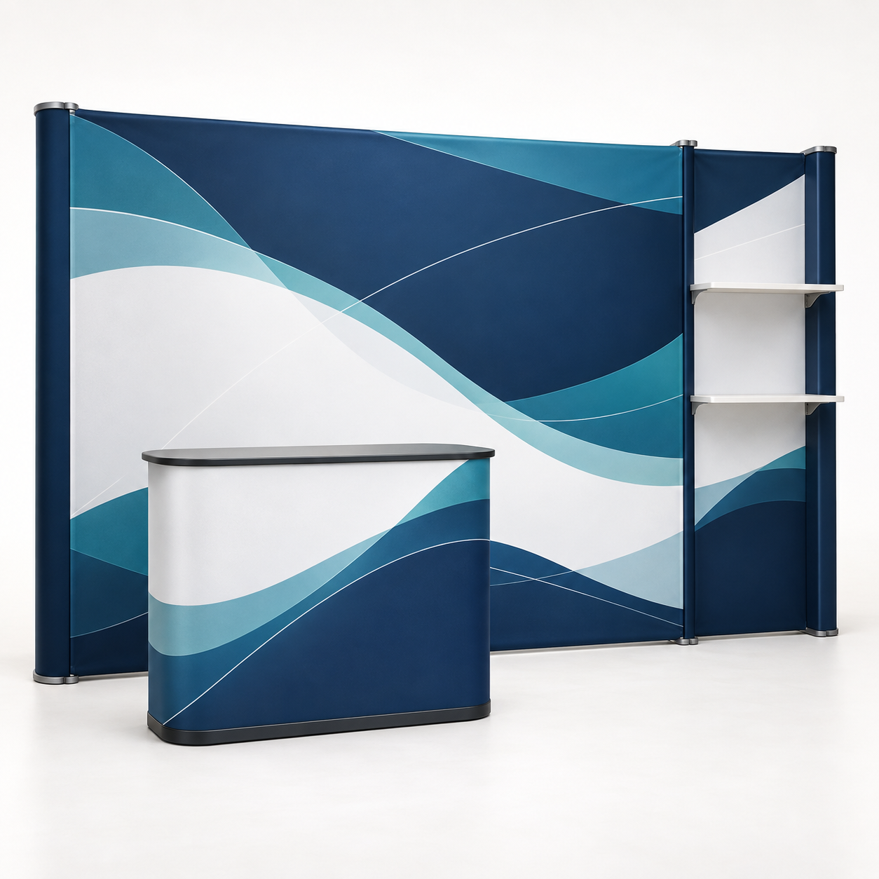 10ft Inline Trade Show Booth - Portable Backwall Display with Counter & Shelving