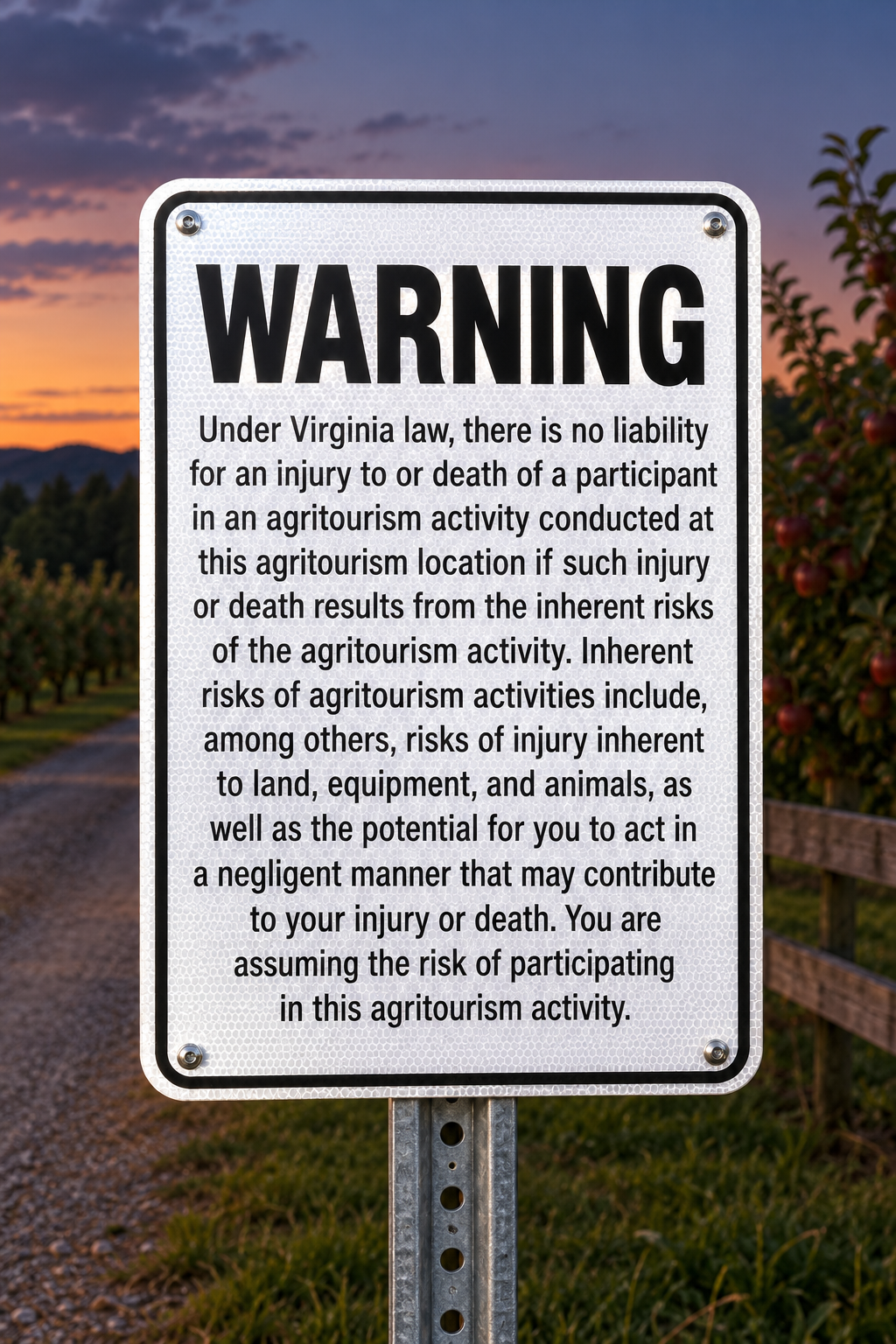 Virginia Agritourism Liability Aluminum Sign (EGR Reflective)